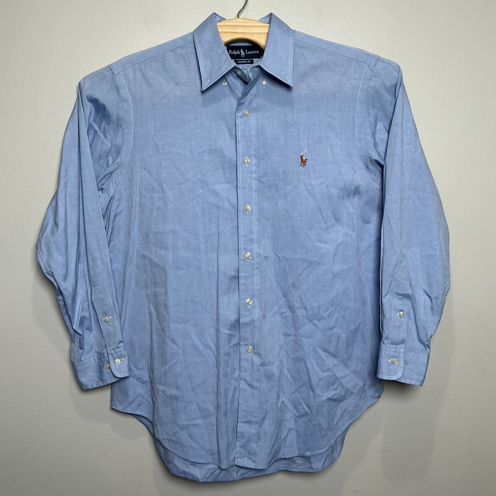 Ralph Lauren Men's Long Sleeve Button Down Shirt 16 32/33 Blue Oxford Flesh Pony - Picture 2 of 7